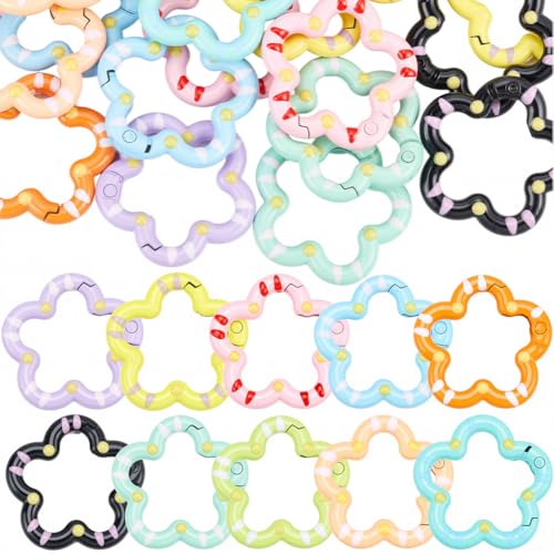 SUNNYCLUE 1 Box 26pcs Spring Trigger Rings Spring Keyring Clip Large Metal Alloy Flower Round Snap Clasps Clips Hooks Buckles Fastener Triggers Connectors for Keychain Bag Pursue Charms Pets Dogs