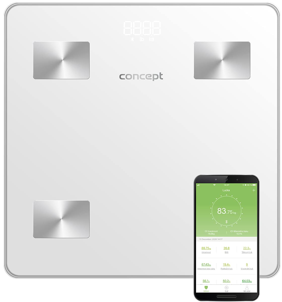 Concept VO4000 - Bilancia Diagnostica In Vetro, Con App, Per Analisi Del Corpo, Massa Muscolare, Indicatore Led Bluetooth, Peso Fino A 180 Kg (Bianco)-image