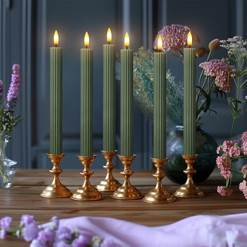 Image of 10 inch Fluted Ribbed LED Sage Olive Loden Green Grooved Real Wax Taper Candles, Remote & 24h Timer Memory, On /Off Switch - Flameless Dimmable Battery Operated w /Flicker, Wedding Decor (12 Pack)