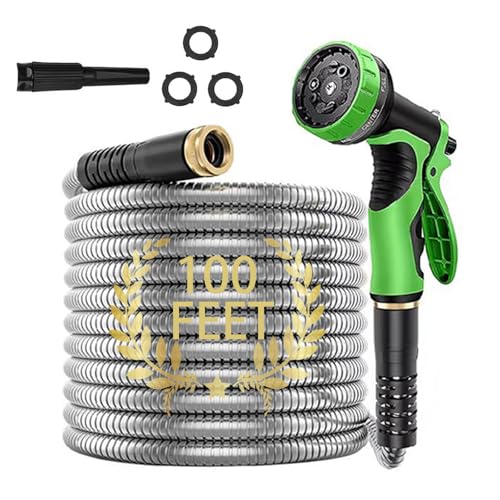 Blendra 304 Stainless Steel Garden Hose 100FT - Hosepipes for Garden Water Hose with 10+6 Way Spray Nozzle (3/4 1/2 Connectors) for Outdoor Gardening, Lawn Care & Home Use - Green