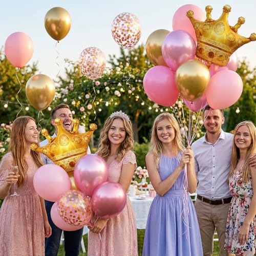 Crown Balloons 12inch Pink Gold Confetti Latex Balloon with Large Gold by Biapian - Used condition - Image 6