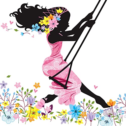 Vinilo decorativo niña columpiándose en rama con flores coloridas