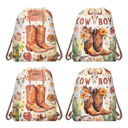 CC HOME 12 Pack Western Cowboy Drawstring Party Bags, Bullhead Boots Paisley Print Gift Candy Treat Bags, Cowboy Theme Party Favor for Shower Birthday Decorations 10.6 x 13.4''