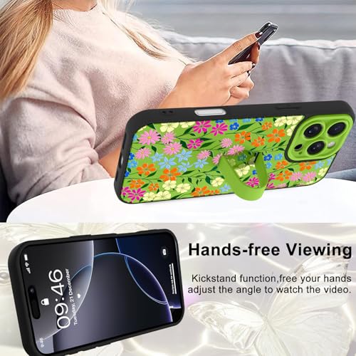 Image of for iPhone 16 Pro Max Case with Finger Strap Holder, Cute Colorful Floral Flower Print Pattern Design for Women Girls, Shockproof Anti Scratch Hand Kickstand Protective Cover, Green