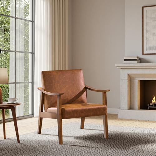 Yaheetech PU Leather Accent Chair, Mid-Century Modern Armchair with Solid Wood Legs, Reading Leisure Chair with High Back for Living Room Bedroom Waiting Room, Light Brown - Image 3
