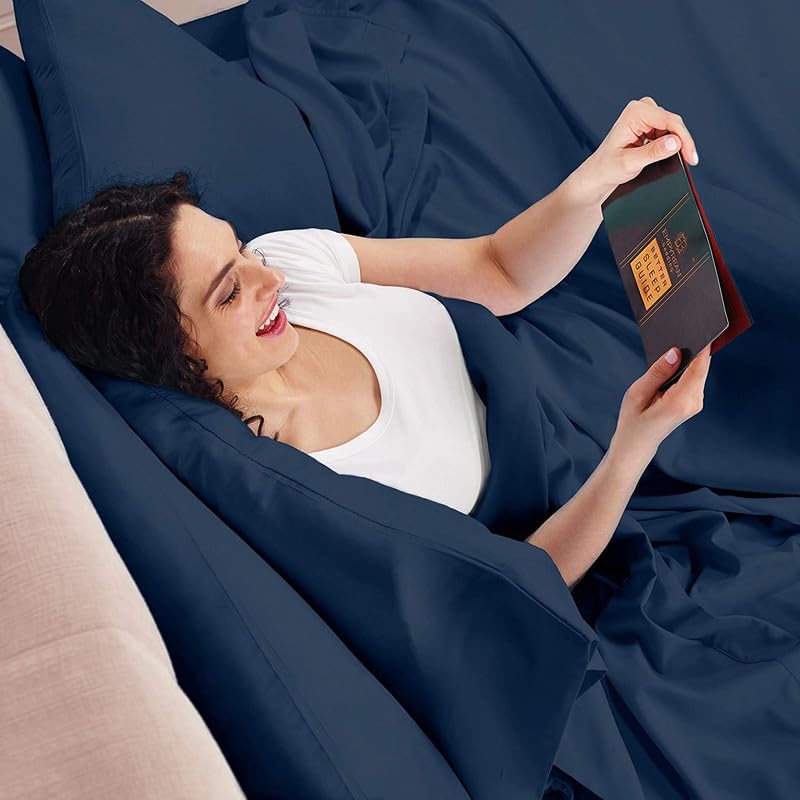 Image of BEVI - Home Premium Solid Plain Single Bedsheet with 1 Pillow Cover 300 TC Microfiber for Single Bed | Size (60 inch x 90 inch) Navy Blue