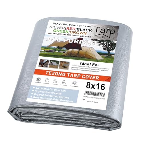 Tarps Heavy Duty Waterproof 8x16ft TEZONG Silver Tarp 12Mil Plastic Tarpaulin Outdoor Tarp Cover for Emergency Rain Patio Furniture Wood Roof Camping Car Pool