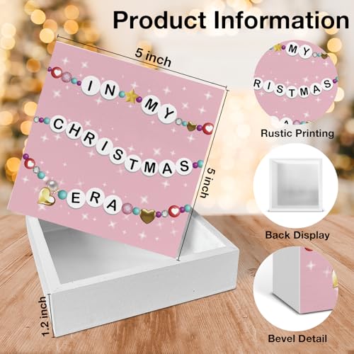 Image of Pink Christmas Decor, in My Christmas Era Wood Box Sign, Seasonal Xmas Holiday Home Office Decorations for Desk Table Shelf 5 X 5 Inches