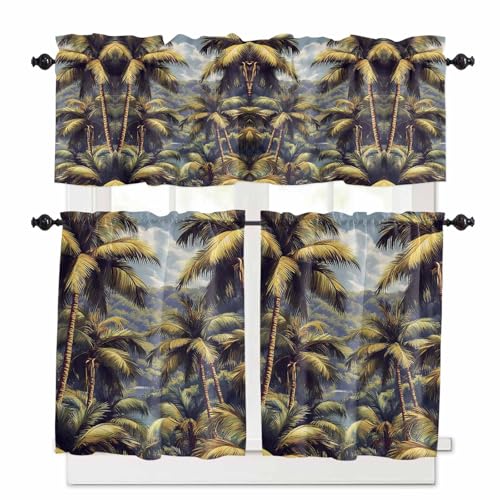 Palm Tree Kitchen Curtains 36 Inch Length, 3 Piece Rod Pocket Small Half Tiers and Valance Set, Farmhouse Watercolor Tropical Plant Leaves Small Large Window Treatment Decor for Bedroom/Bathroom Sink