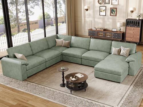 Image of EASE MOOSE Faux Leather Sectional with Ottoman,Oversized Modular Couch,Vintage Modular Sectional Sofa with Deep Seat,Scratch Resistant Faux Leather Material,U Shaped Couch for Big Spaces, Green
