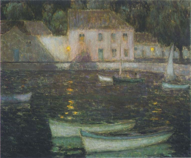 Toile Henri Le Sidaner Bateaux blancs dans une pleine lune déco salon 60x90cm
