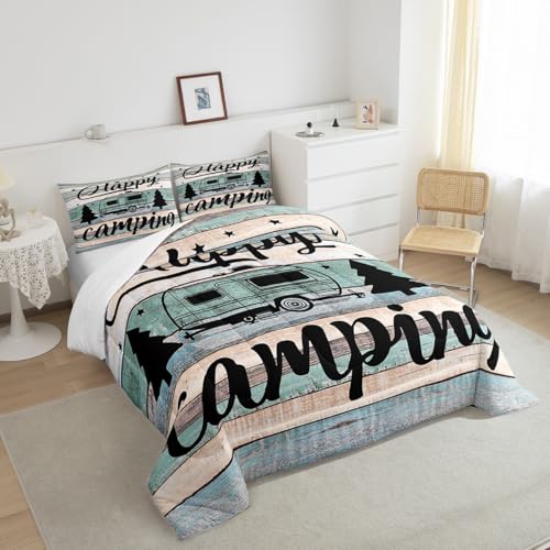 Image of Camper Comforter Twin Size Happy Camping Bedding for Boys Kids Girls Rustic Farmhouse Style Comforter Set, Camper Accessories for Travel Trailers, Camper Must Haves,Teal Blue Vintage Wooden Quilt Set