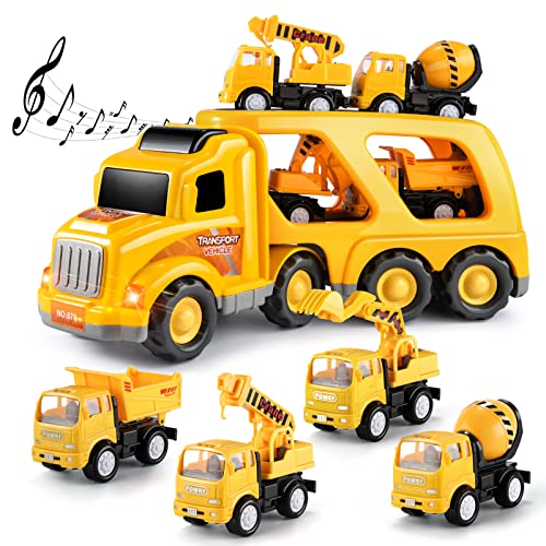 Kids Toys Truck for Toddler Boys Toys for 3 4 5 6 Year Old Boys, 5 in 1 Friction Power Construction Toys Car Carrier Vehicle Toddler Toys Age 2-4 Baby Toys, Christmas Birthday Gifts for Kids Age 3+