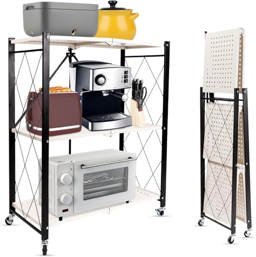 Scaffale Pieghevole 3 Ripiani con Ruote 36.5 x 71.5 x 87 - Organizzatore Istantaneo - Nessun Montaggio Richiesto - Scaffale in Metallo Resistente per Casa - Design Richiudibile per Soggiorno e Cucina