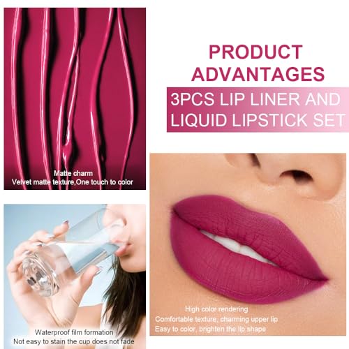 Image of evpct 3Pcs Mauve pink Berry pink Rose red Lip Stain Paint Matte Lip Liner and Lipstick Set Long Lasting labiales matte mate larga duracion listip 24 hour a prueba de agua mate 24 horas originales