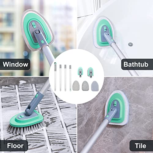 3 In 1 Tile Tub Shower Scrubber,Cleaning Brush With 58" Long Handle,Detachable Stiff Bristle Scrub Brush-3 Scouring Pads, 2 Brush Heads For Bathroom Kitchen Wall Tub Tile Sink (Green) #TOP3