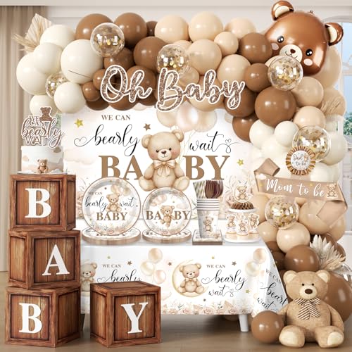 Cocomigo 294pcs Bear Baby Shower Decorations for 25 Guests Worry-free One-stop Set with Banner Thick Plates and Cupcake Toppers Easy Setup for Teddy Bear Baby Shower Decorations