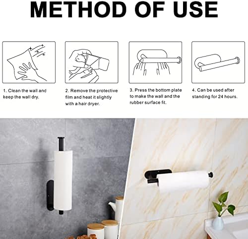 Kitchen Roll Paper Holder Black, Self Adhesive Roll Paper Holder, Stainless steel Kitchen towel and Tissue paper holders, Roll Holder Under Cabinet Wall Mounted Toilet Paper Holder for Bathroom