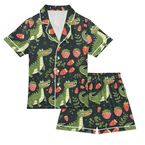 ALAZA Crocodile Strawberry Black Satin Pajamas Set Short Sleeve Button Down Sleepwear Summer Pjs 2 Piece