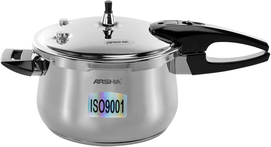 Arshia 22cm Stainless Steel Pressure Cooker – 18/10 Polished Steel, Aluminum Base, Automatic Pressure Release, Self-Basting Lid, Cool-Touch Handles, Induction & Oven Safe