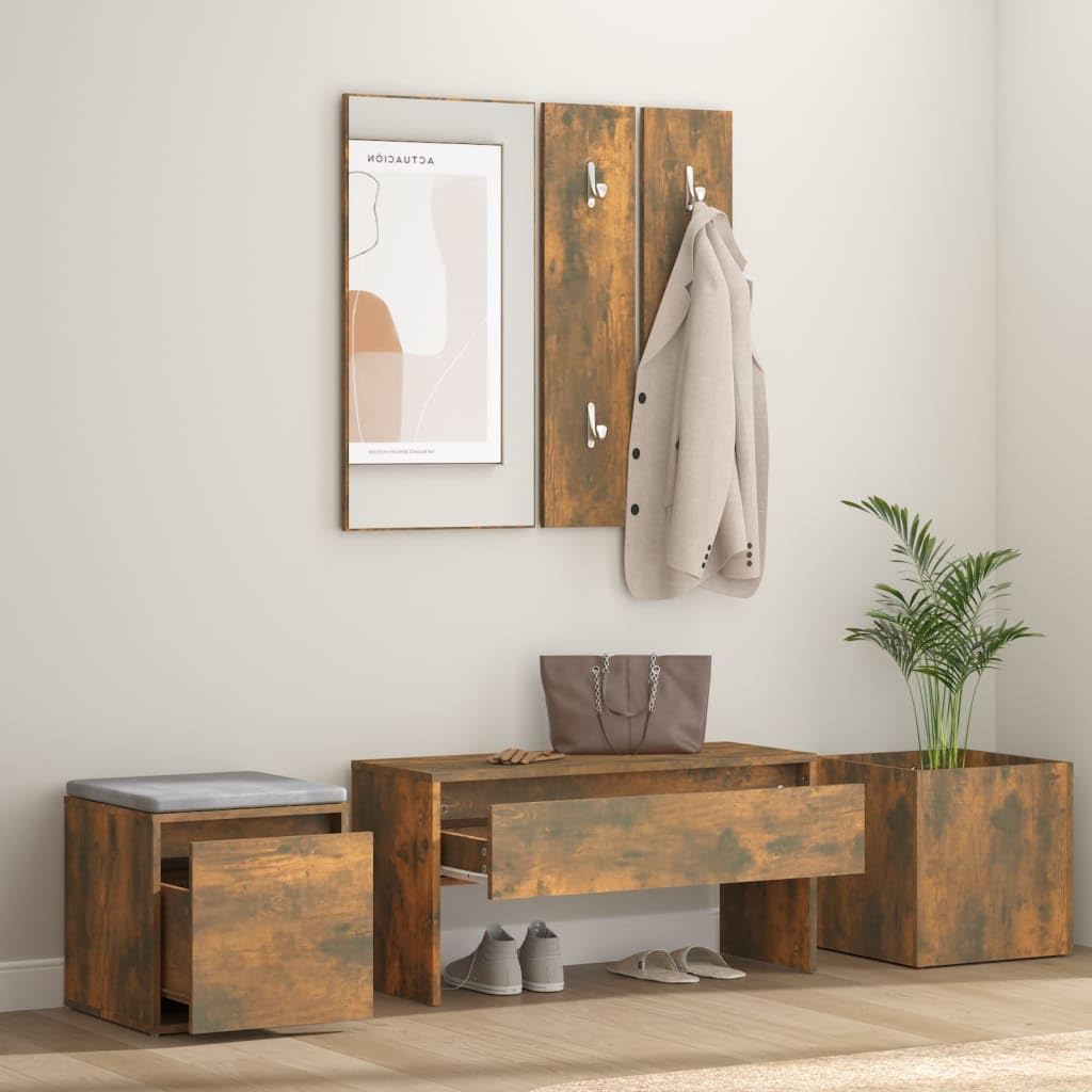 Juego de perchero, madera de roble ahumado, muebles de pasillo con banco, caja de almacenamiento, cajón, espejo y jardinera para almacenamiento y decoración