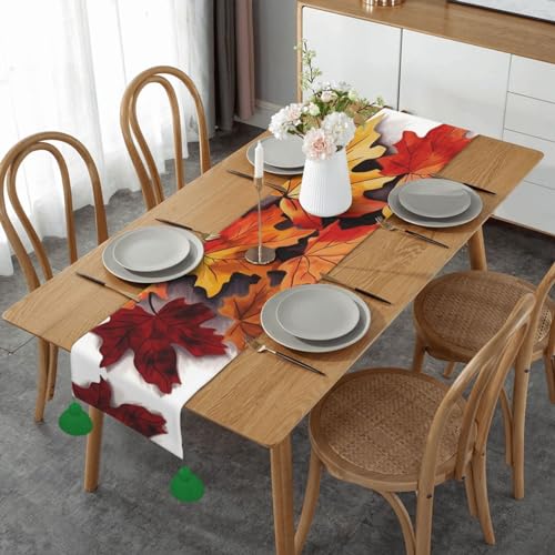 Chemin de table de Noël imprimé feuilles d'automne déco table à manger lin long