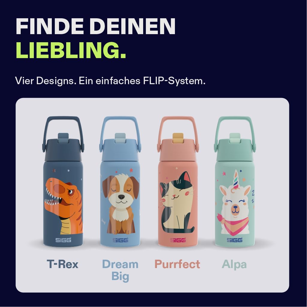 SIGG - Isolierte Trinkflasche Kinder - Shield Therm FLIP T-Rex - Auslaufsicher - Spülmaschinenfest - BPA-frei - 90% recycelter Edelstahl - Sport & Schule - Blau mit Dino - 0.5L