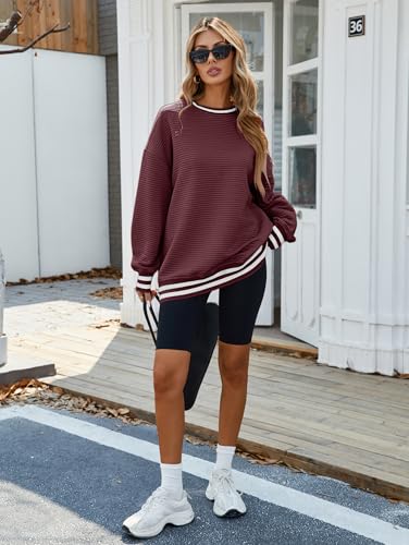 Famulily Ladies Fashion Colorblock Sweatshirt Round Neck Long Sleeve Cozy Autumn Thermal Hoodie Tops Wine M