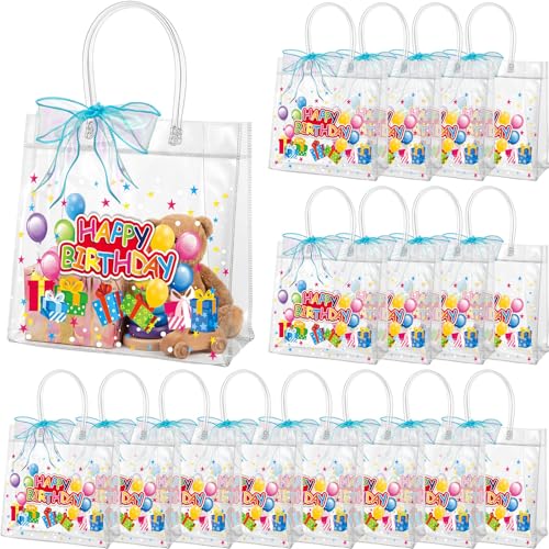 Henoyso 24 Pcs Clear Happy Birthday Gift Bags Plastic Goodie Candy Treat Bags PVC Party Favor Totes with Handles 7.8 x 7.8 x 3.1 Gift Wrap Totes