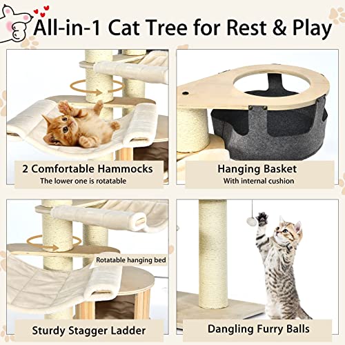 Image of Tangkula Large Cat Tree, Multi-Level Tall Cat Tower with Sisal Scratching Posts, Hammocks, Hanging Basket, Cat Condo and Removable Washable Cushions, Modern Wood Cat Tree for Indoor Cats Large Adult