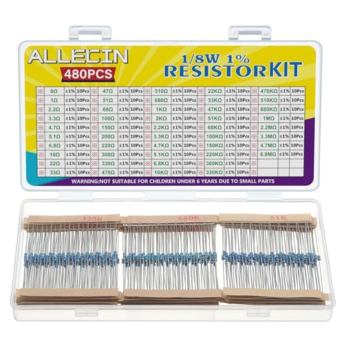 ALLECIN 48 Valores 1/8W Resistencias Electronica Kit 0 Ohmio a 6,8M Ohmio 1/8 W Resistencia de Película Metálica 1% Tolerancia 1/8Vatio Resistor Metal Film
