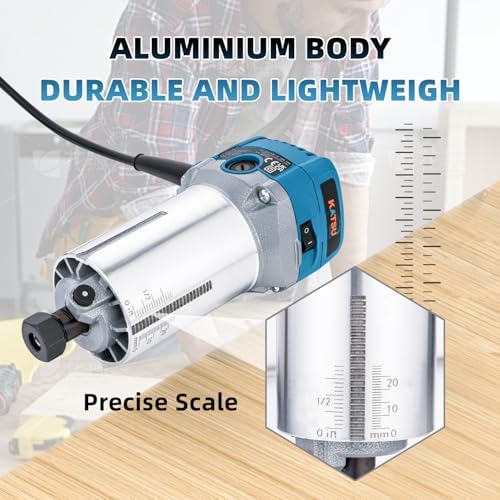 Bild 6 - KATSU Tools Elektrohobel/Trimmer Holz 710 W – Soft-Start, Eintauchbasis, Aluminiumgehäuse, 3 Spannzangen (1/4″, 6 mm, 8 mm) Heimwerken