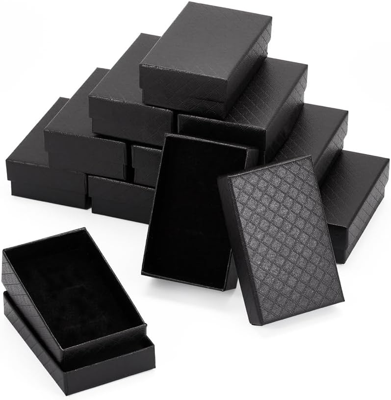 KISSITTY 12Pcs Black Cardboard Paper Jewelry Boxes 3.19x2.01x1.02 Inch Jewelry Gift Boxes with Sponge Rectangle Necklace Earring Ring Package Boxes for Birthday Christmas Festival