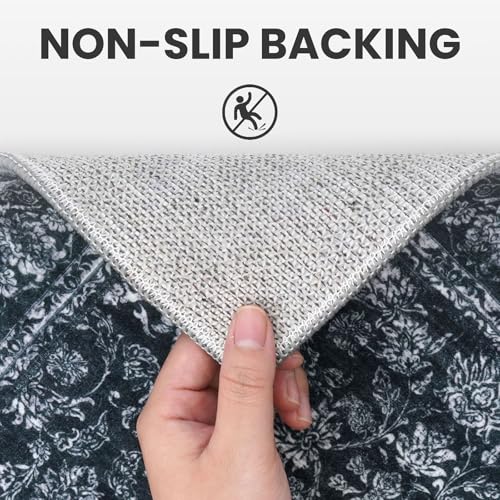 2x6 Black Washable Runner Rug for Hallways, Soft Neutral Vintage Kitchen Rugs with Non-Slip, Non-Shedding Distressed Floral Carpet for Bedroom Porch Laundry Entryway