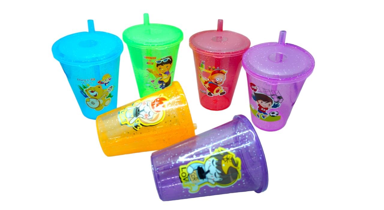 FASHRAMP Plastic 200ml Frosty Sipper Glass or Tumbler with Straw and Lid for Juice, Water, or Soft Drinks Boys and Girls (Multicolor) (Pack of 6)-picture-39