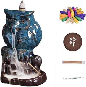 Ceramic Backflow Incense Burner Holder Owl Waterfall Incense Holder with 20 Backflow Incense Cones + 30 Incense Stick +1 Tweezer + 1 Mat