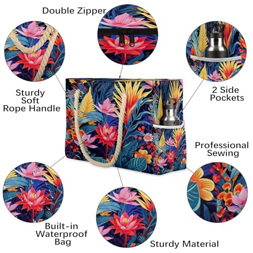 Colorful Floral Large Beach Bags for Women with Zipper Beach Tote Bag Waterproof Sandproof Gym Swim Pool Grocery Travel Bag3
