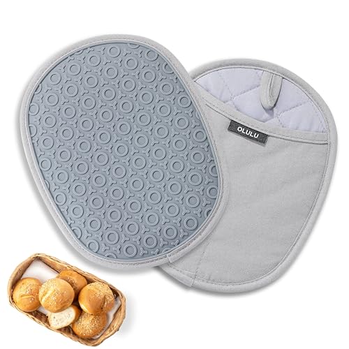 2PCS Silicone Pot Holders, OLULU Heat Resistant Hot Pads with Pockets, Non Slip Pot Holders for Kitchen, Baking and Cooking (9.8 * 7.5 inches, Grey)