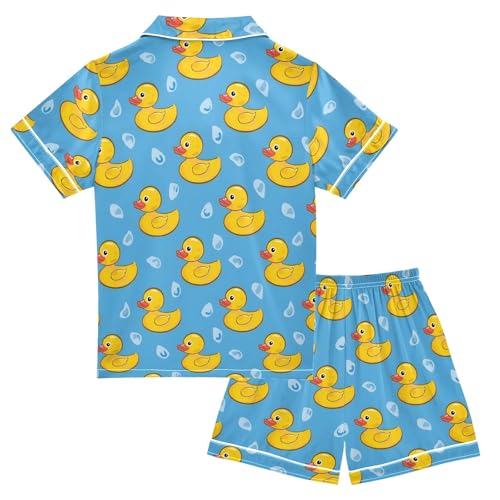 Yellow Duck with Bubble Print Summer Satin Pajama Set, Cute Button-Down Sleepwear Pj Set for Sleep Wears2