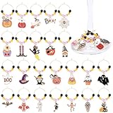 JUNEBRUSHS 24Pcs Halloween Wine Charms, Halloween Glass Charms Drink Marker Tags for Wine Party Ornaments