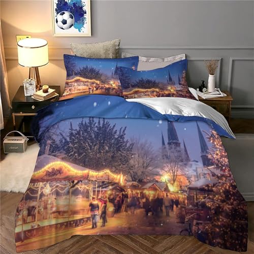 GUYDZOOM Christmas Market Housse de Couette Microfibre 3 pièces Imprimé en 3D Hypoallergique Festive Hiver scène Parure de Lit avec Fermeture Éclair Ultra Douce for Les Enfants King（220x240cm） – vue 5