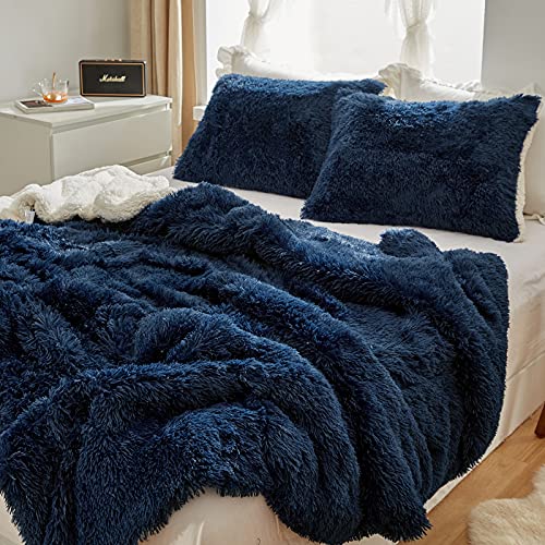 Uozzi Bedding Navy Faux Fur Comforter Set Queen 3 Pieces - 1 Shaggy Comforter 90X90 With 2 Pillowcases - Ultra Soft And Easy Care Luxury Plush Warm Winter Fluffy Fleece Duvet Set #TOP4
