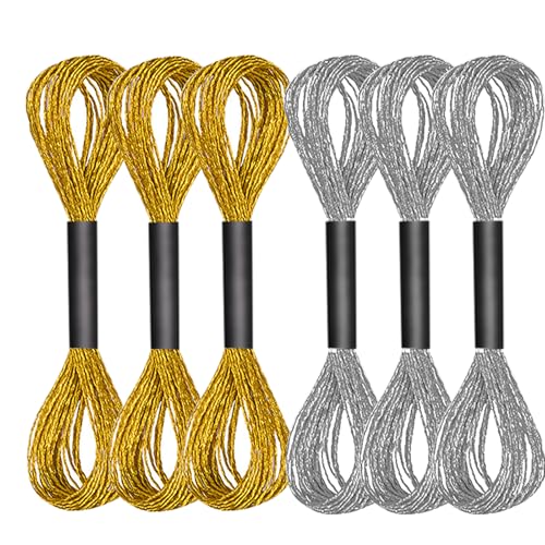 BUOKSLLY Pack of 6 Embroidery Floss Cross Stitch Threads, 8 m Embroidery Thread Gold Metallic, Metallic Embroidery Threads, Golden and Silver Metallic Yarn, Cross Stitch Set Gold Colour for Crafts