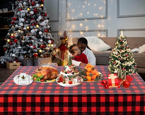 Image of Kesfey 3 Packs Buffalo Check Plaid Table Cloth 54 x 108 Inches Red and Black Gingham Christmas Party Tablecloth Winter Plastic Checkered Tablecover for Dinner Picnic