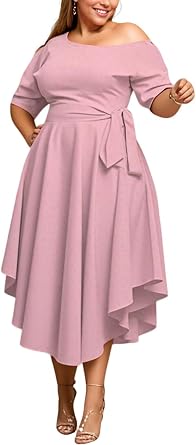 Plus Size Women Wedding Guest Dress Off Shoulder Boat Neck Irregularly Flowy Midi Church Dress