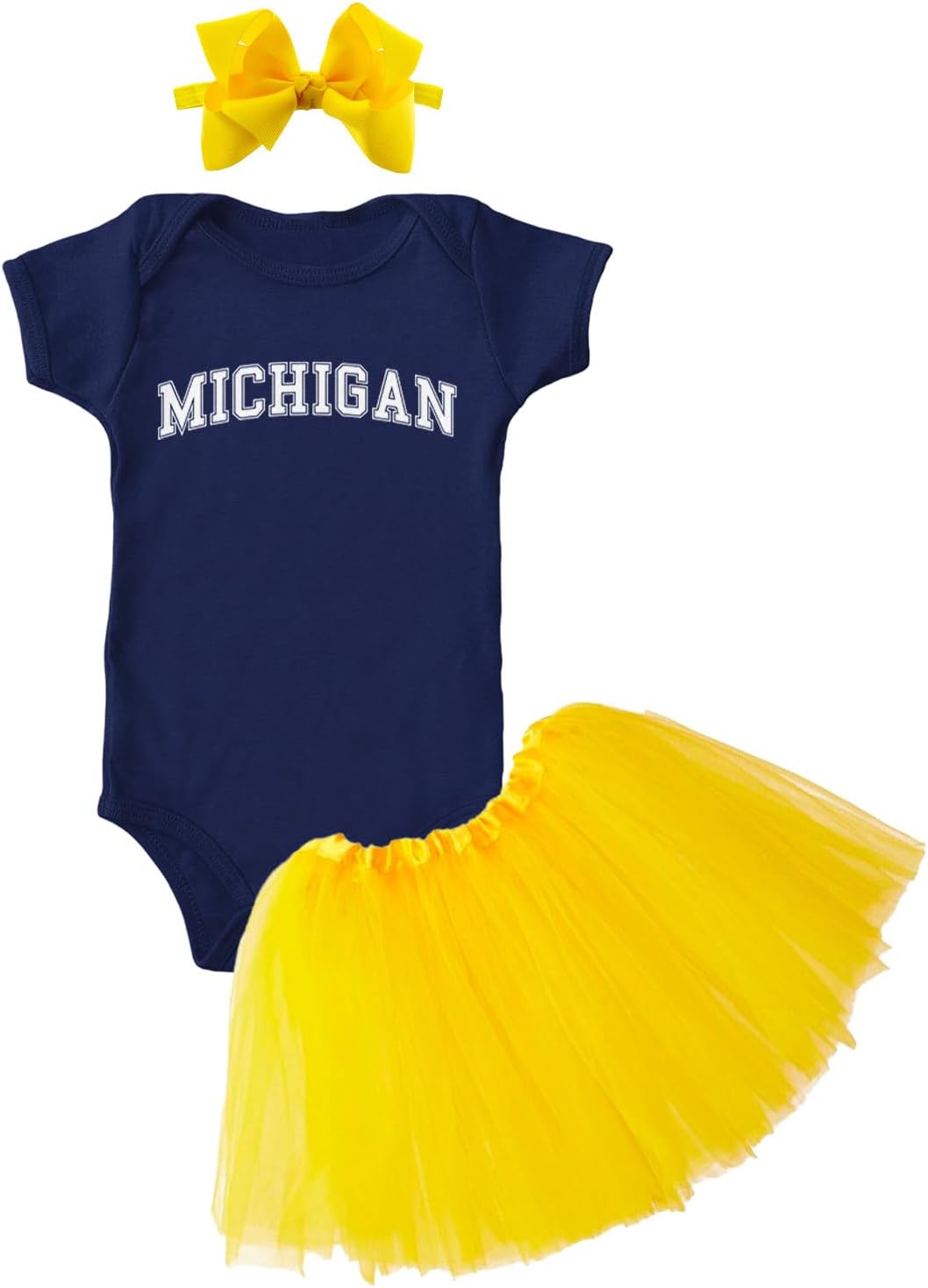 Michigan - State Proud Strong Pride Sports Baby Bodysuit + Tutu Skirt + Bow Headband Set