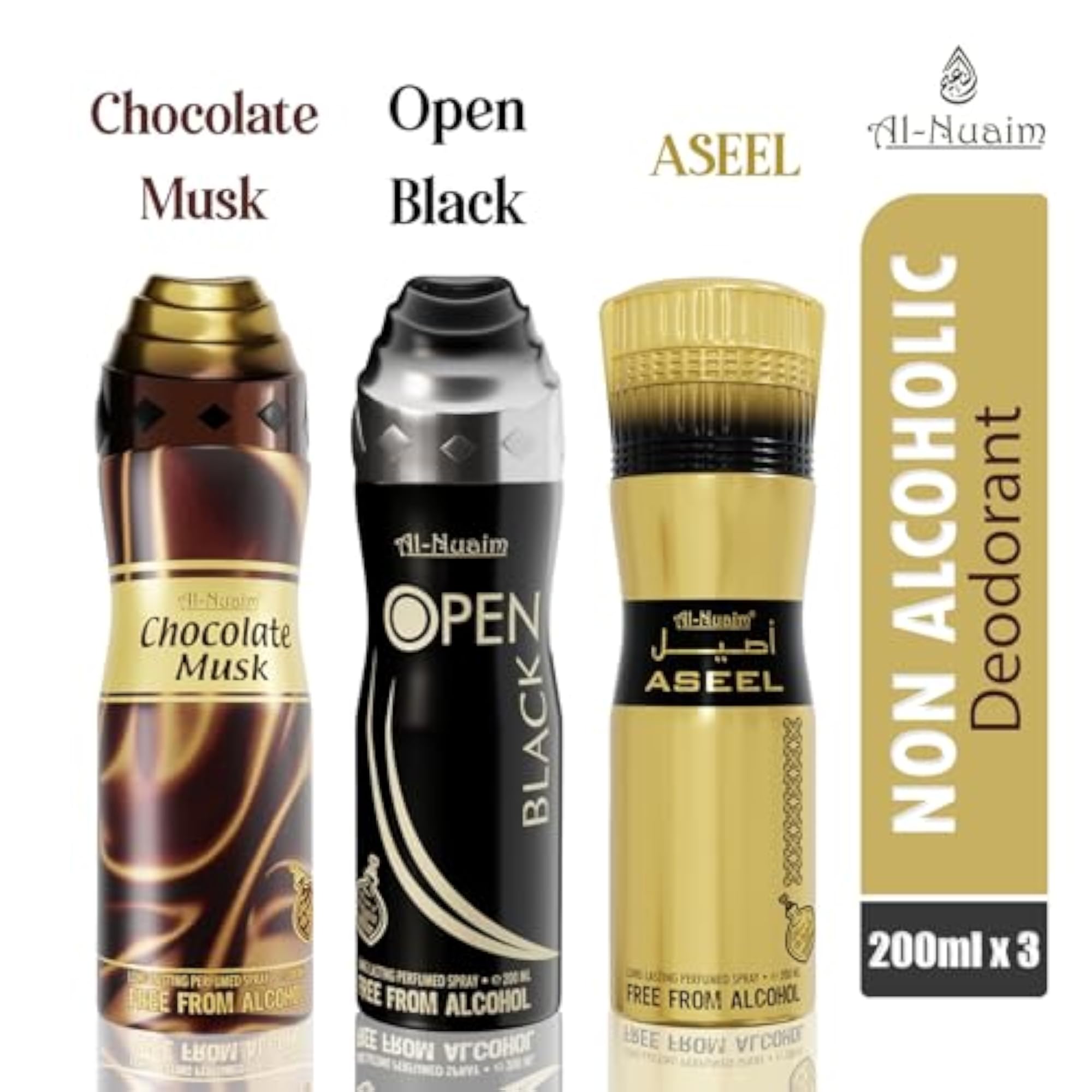 Chocolate Musk, Aseel & Open Black Alcohol Free Deodorant Pack of 3