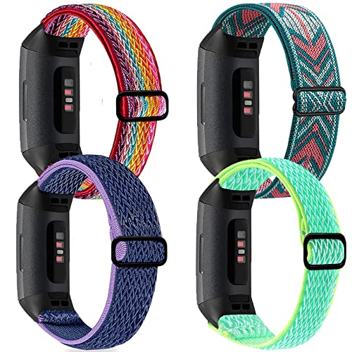 Attbbon 4 Pack Stretchy Band Compatible with Fitbit Charge 4 Bands/ Charge 3 Band/ Charge 3SE Smart Watch Wristbands for Women Men, Breathable Adjustable Loop Nylon Replacement Straps Elastic Charge 3