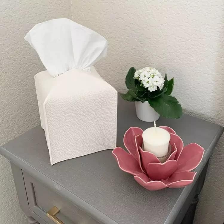 Square Tissue Box Cover, Leather Tissue Box, for Home, Hotel, Office, Restaurant 5Inch Cube, White and Tan Available (White)