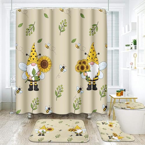 Subwest Bathroom Sets with Shower Curtain and Rugs, Set of 4, Sunflowers